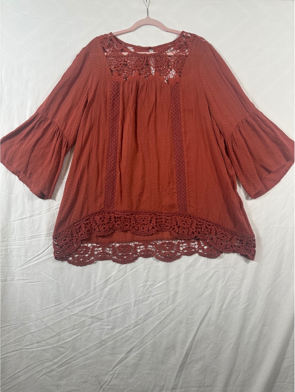 Knox Rose rust crochet yoke blouse lace
